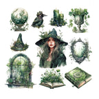 Hedge Witch stickers — thorn gateways, green witch and herb magic motifs, 20 pieces