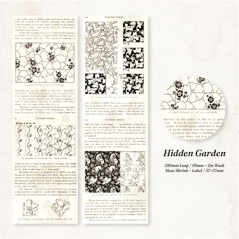 Hidden Garden washi tape with geometric floral pattern designs and decorative black ink borders