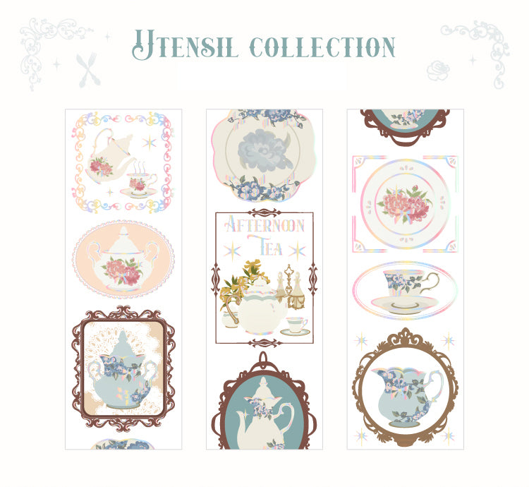 Vintage high tea porcelain teacups and floral teapots die-cut washi tape loop for scrapbook