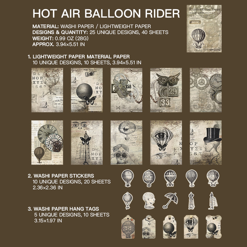 "Hot Air Balloon Ride vintage sticker with whimsical balloon design for adventure themed crafts"