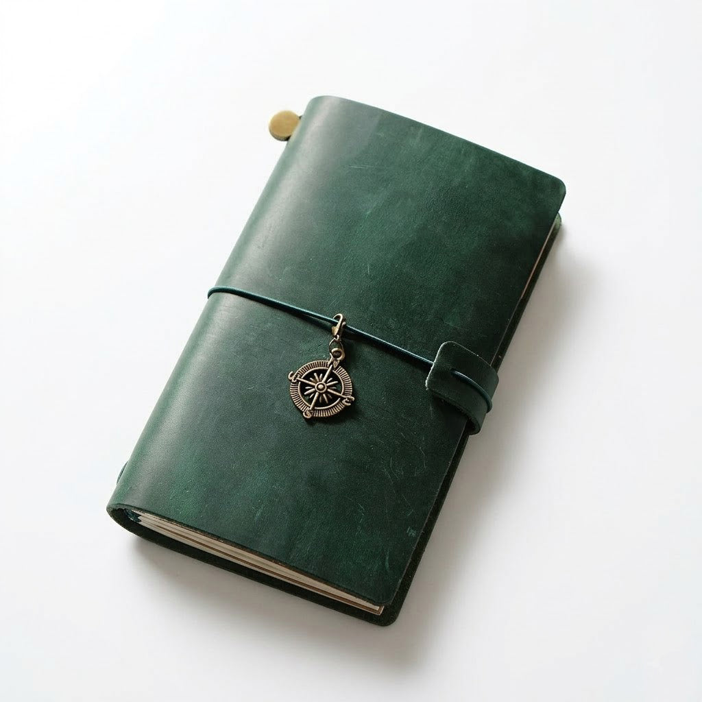 Premium full-grain leather pocket traveler's notebook in Hunter Green
