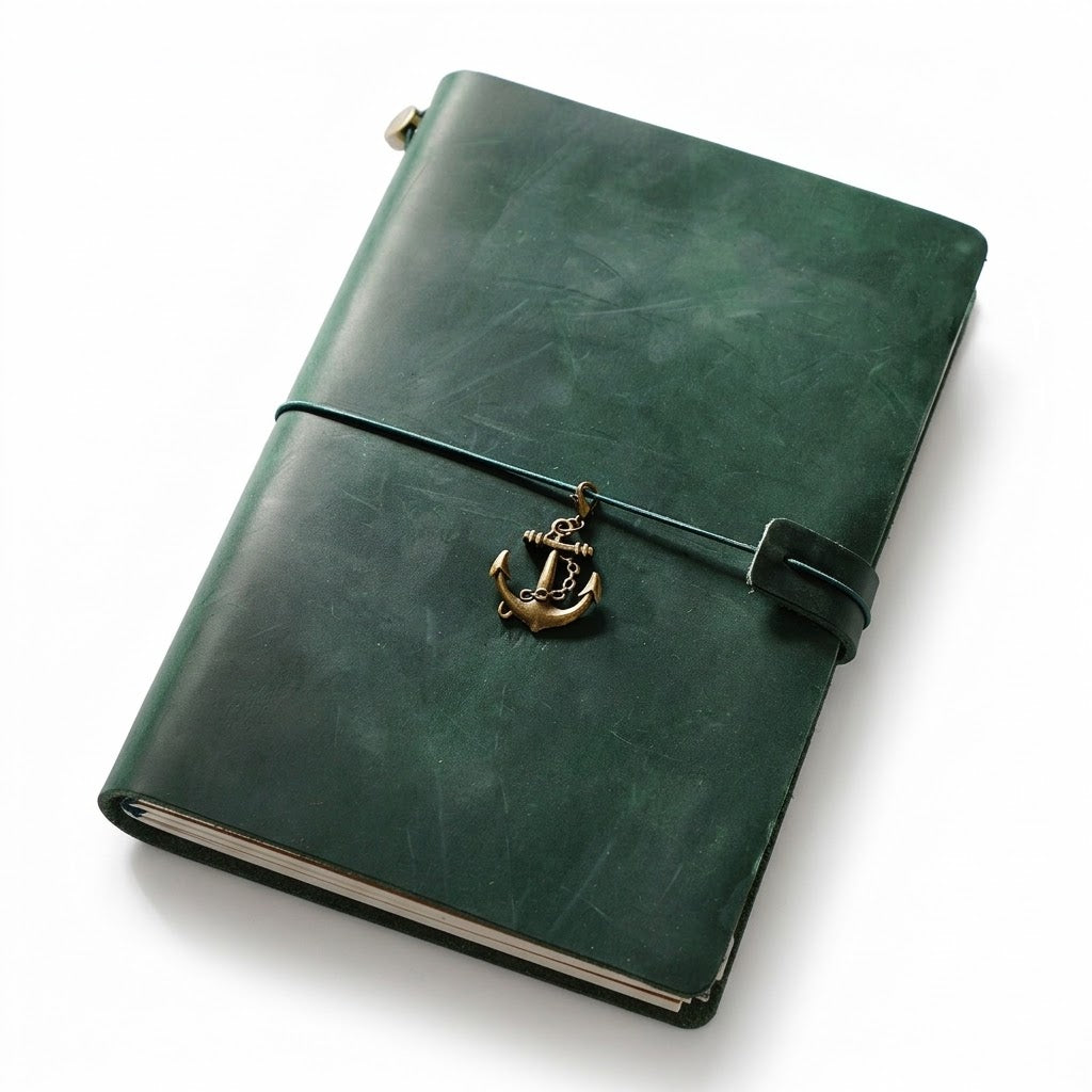 Hunter Green premium A5 size sketchbook and planner kit, featuring a classic compass charm for creative artists and writers.
