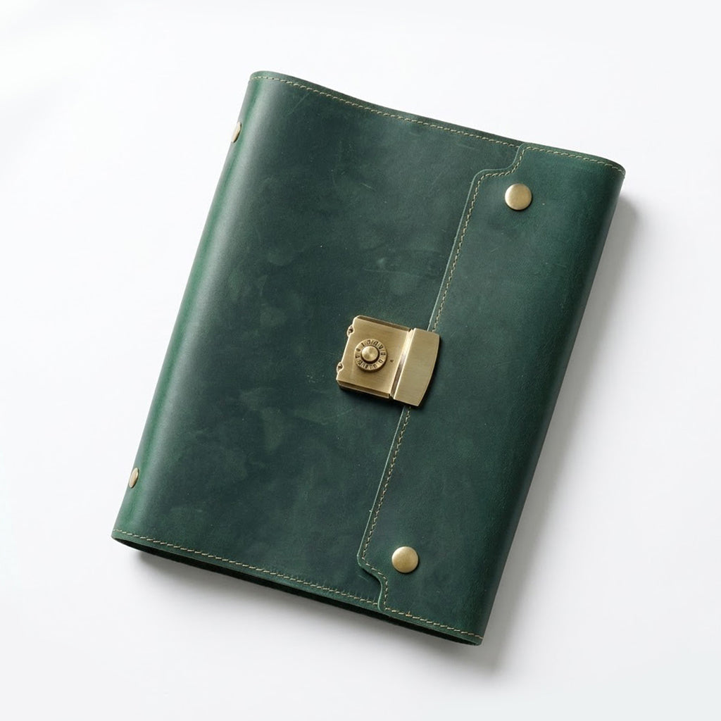 Hunter Green refillable A5 leather locking journal with an antique compass stamp, perfect for secret archives and travel aesthetics.