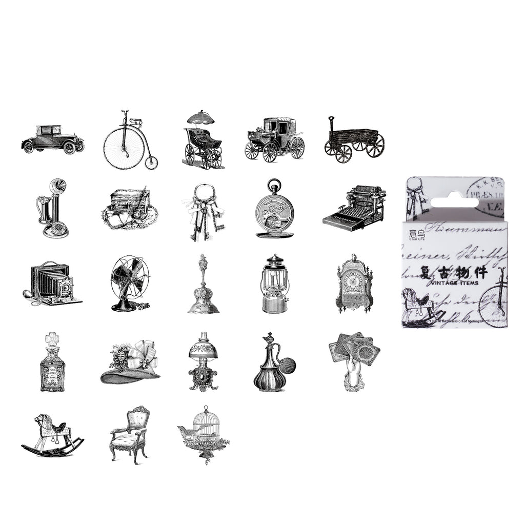 Illustrator's sketchbook black and white vintage object sketch stickers for minimalist journal