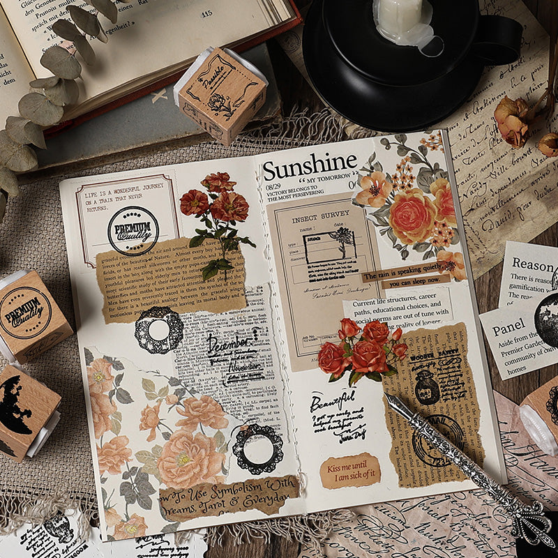 Three coordinating wooden stamps in portable impression box