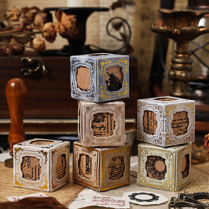 Vintage wood stamp set with 3 stamps in decorative box - 6 style options