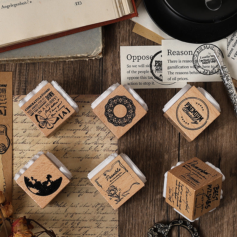 Wood stamp set showing all 6 vintage style design options