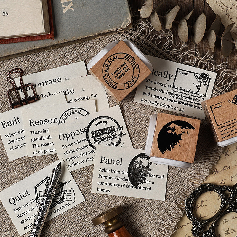 Close-up of vintage wood stamp craftsmanship and texture