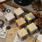 Detailed view of wooden stamp impressions and packaging
