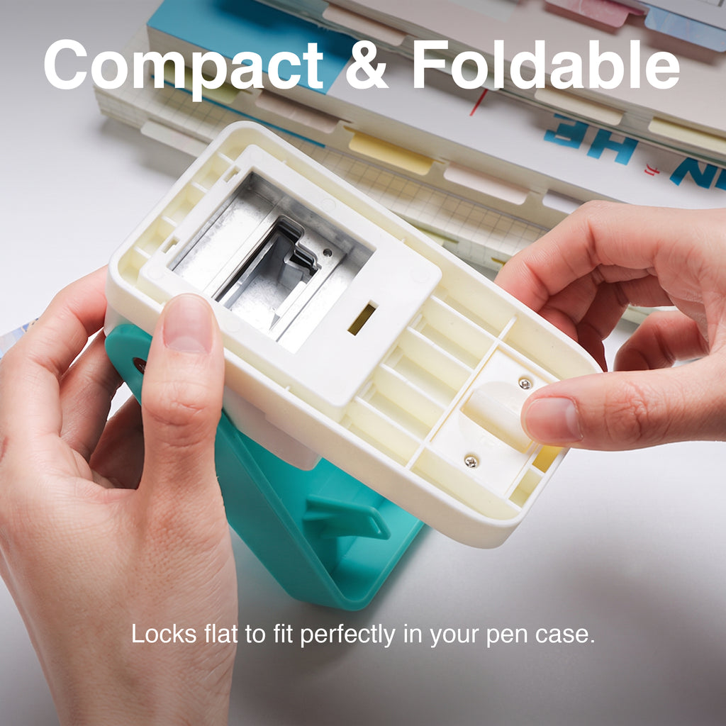 Index tab punch compact foldable design hands holding storage lock pen case friendly craft tool