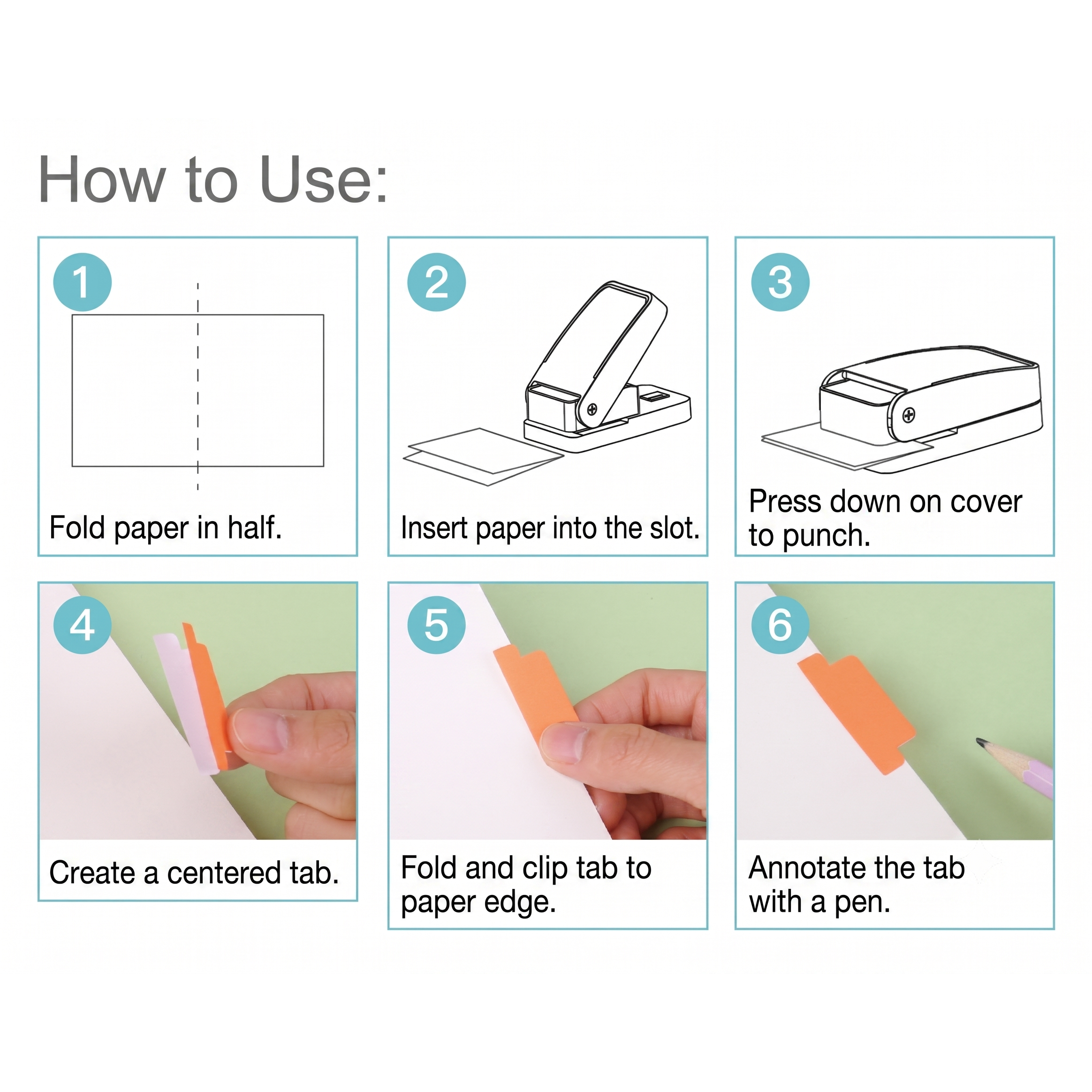 Index tab punch six step guide fold paper insert slot press punch clip tab annotate planner