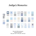 Indigo's Memories vintage ephemera paper pack showing 50 white kraft paper sheets in 1.96 x 3.95 inch size with blue floral stripe and dotty patterns for junk journal collage