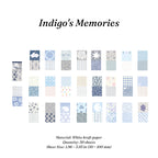 Indigo's Memories vintage ephemera paper pack showing 50 white kraft paper sheets in 1.96 x 3.95 inch size with blue floral stripe and dotty patterns for junk journal collage