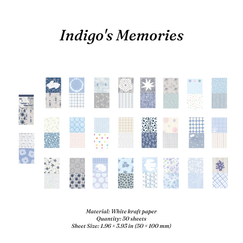 Indigo's Memories vintage ephemera paper pack showing 50 white kraft paper sheets in 1.96 x 3.95 inch size with blue floral stripe and dotty patterns for junk journal collage