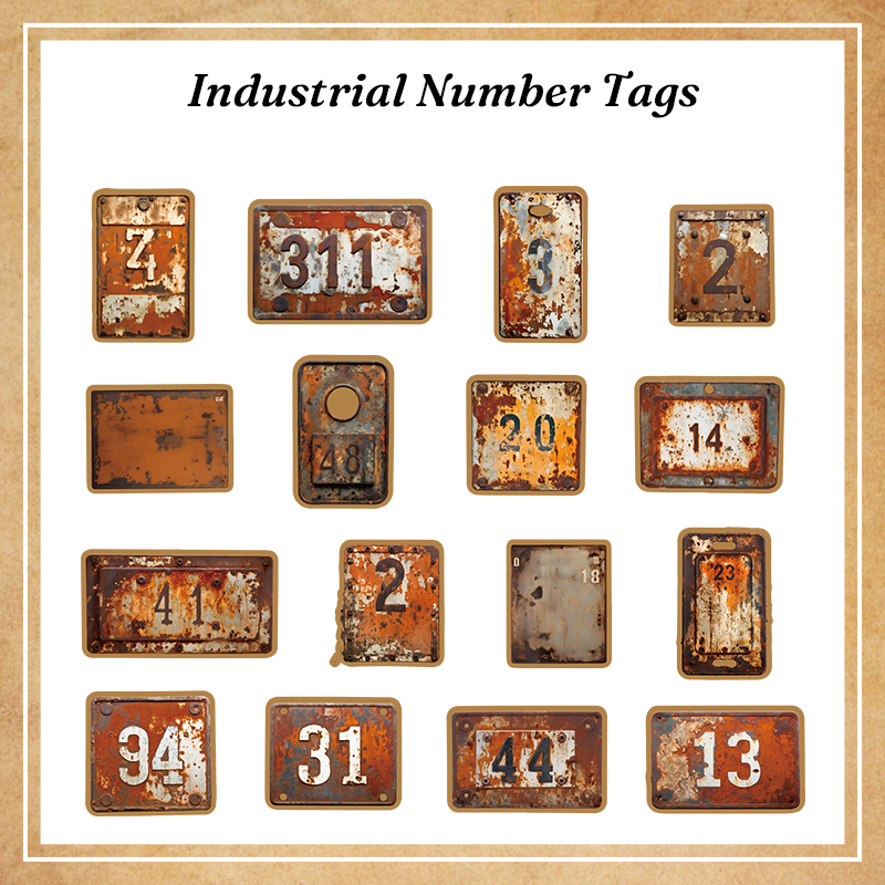 Vintage industrial number labels and tags for scrapbooking