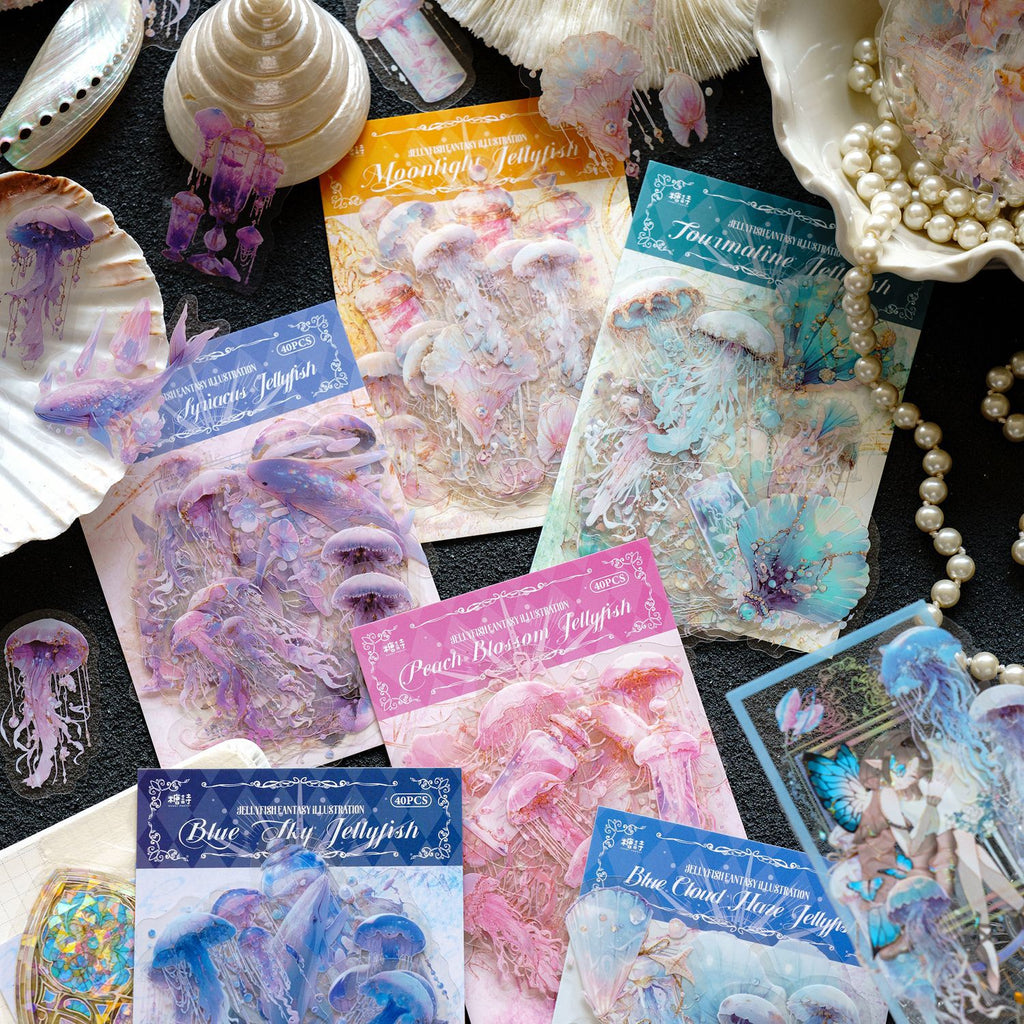 Six jellyfish sticker packs in assorted colors laid flat