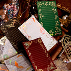 Vintage junk journal spread decorated with gold foil mushroom and butterfly stickers on coffee dyed paper