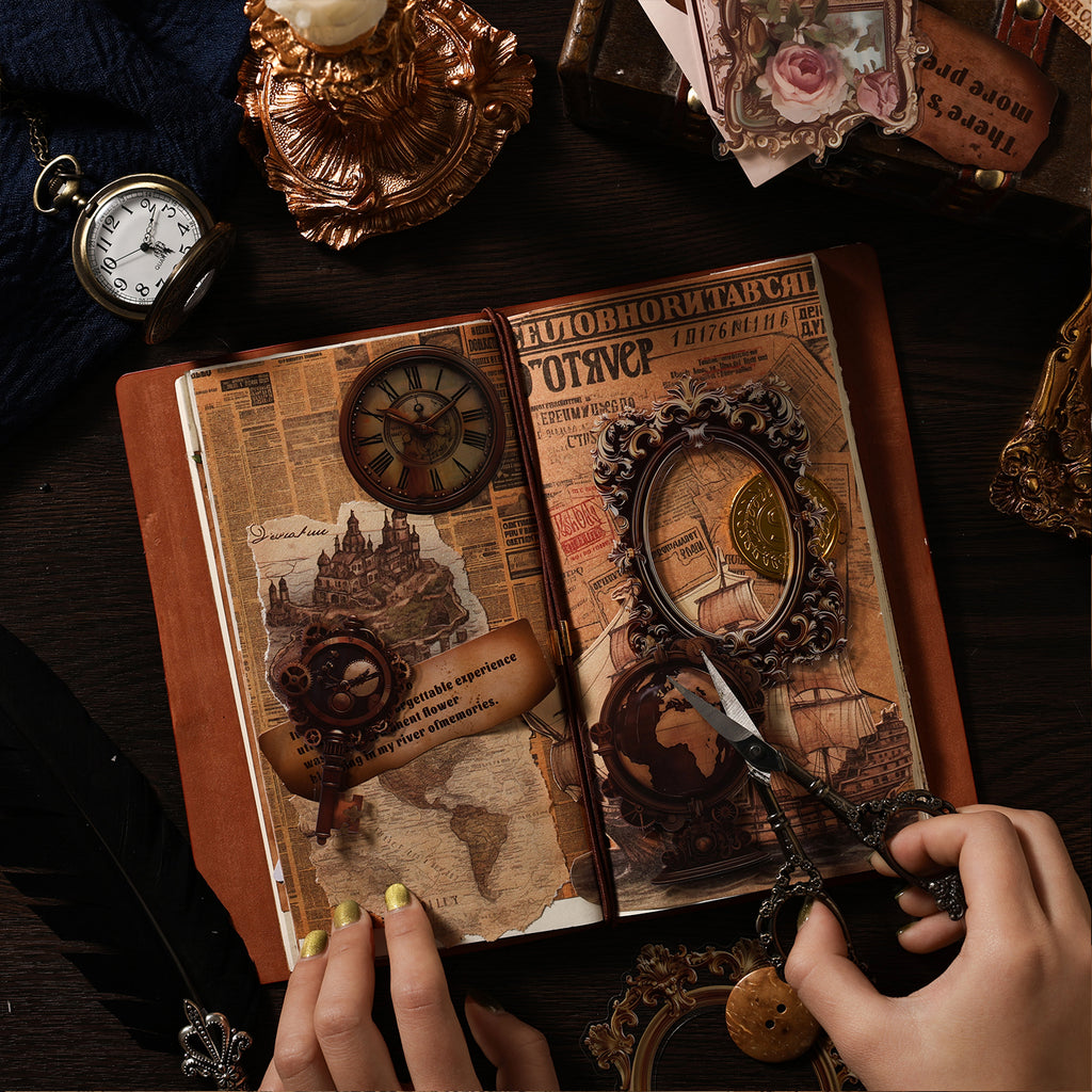 Vintage junk journal spread decorated with the collage kit - castle and clock PET stickers, antique map paper, ornate frame cutout and quote scroll
