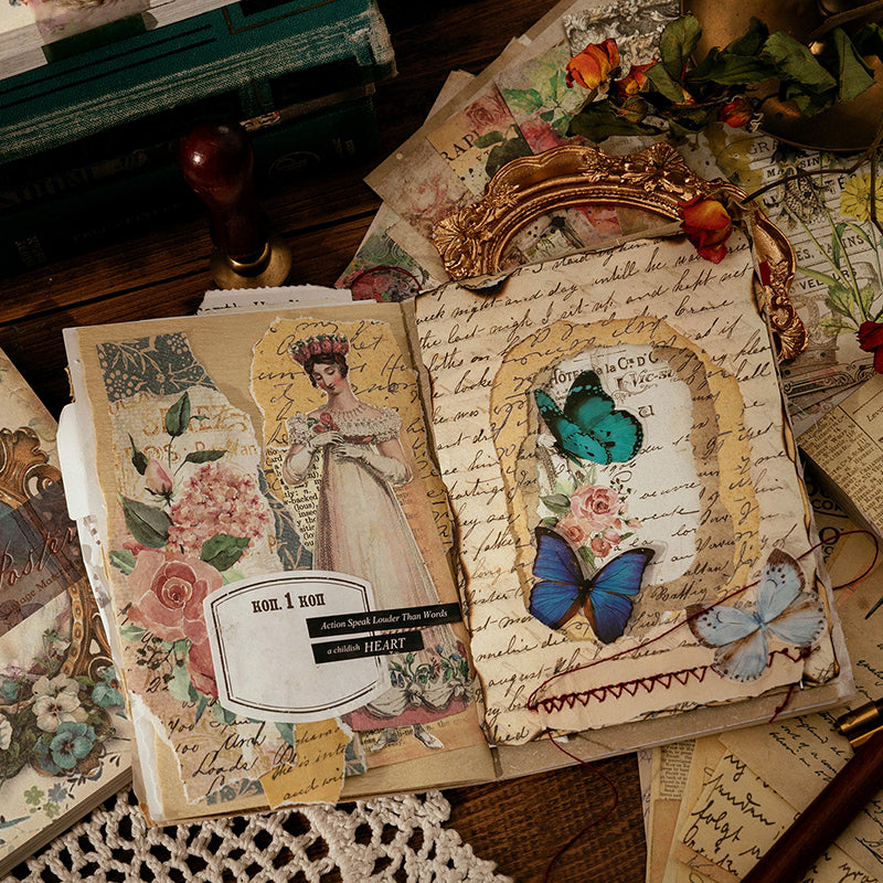 Open junk journal spread layered with vintage paper, butterfly cutouts, rose illustrations, and script text on aged kraft pages.
