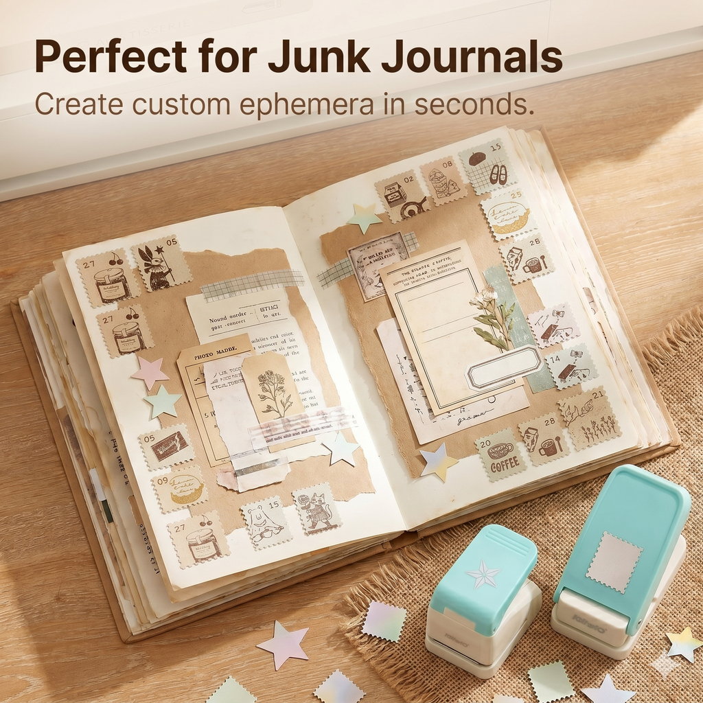 Open junk journal spread custom perforated stamp ephemera star accents two stamp punches burlap desk mat