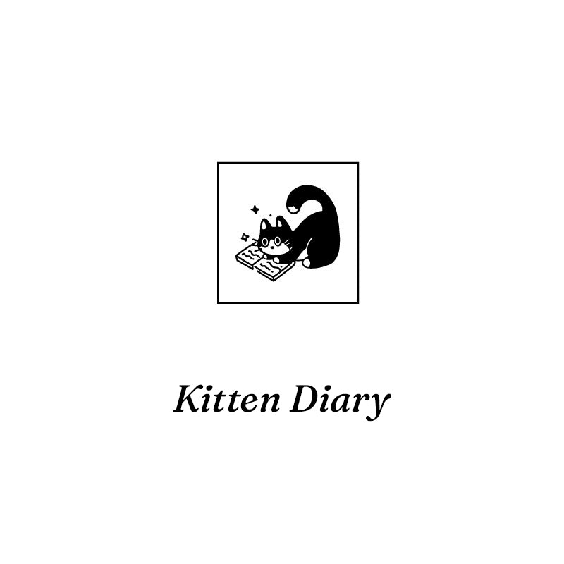 Kitten Diary rubber stamp design showing a curled sleeping kitten, vintage beech wood stamp for cozy bullet journal layouts