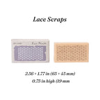 Lace scraps romantic background wooden stamp, dotted mesh rubber face on flat beech wood block for vintage collage.