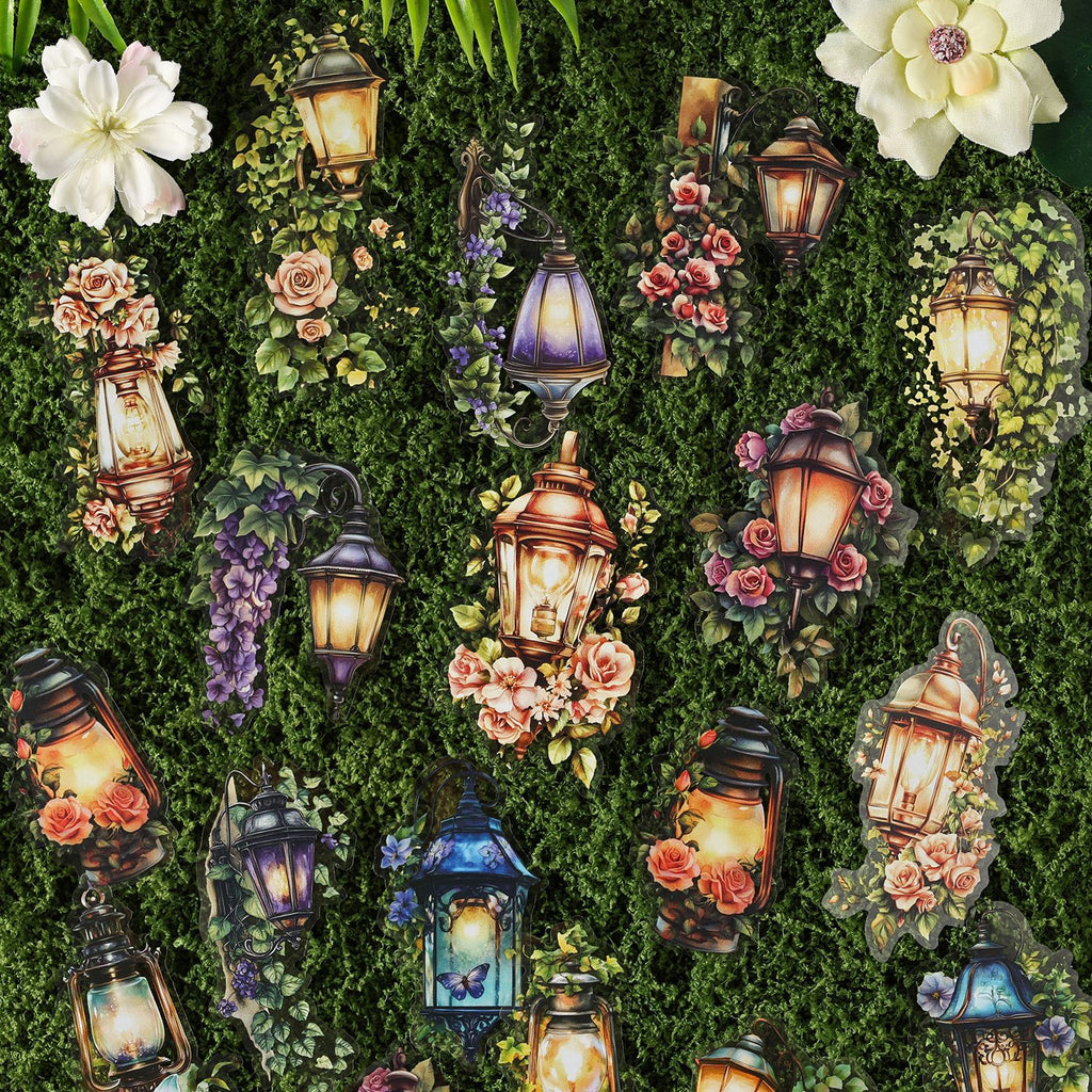 Lantern stickers spread across grass with natural light