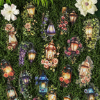 Lantern stickers spread across grass with natural light