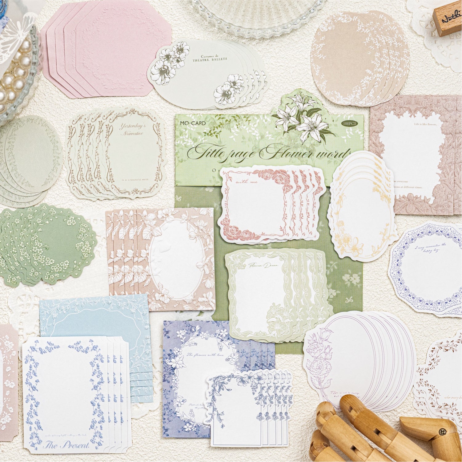 Neutral tone ephemera pack detail view - vintage-inspired letterpress paper designs