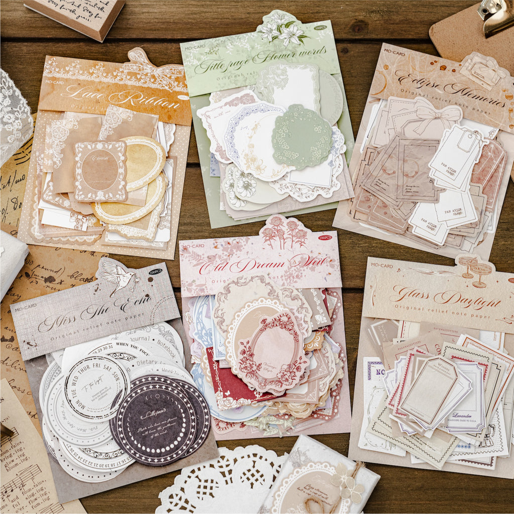 Letterpress embossed ephemera pack - 100 piece neutral journaling set with vintage textures