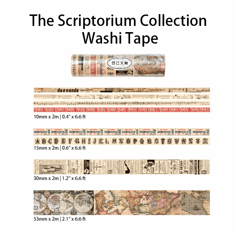 Vintage library washi tape in use - alphabet and map patterns