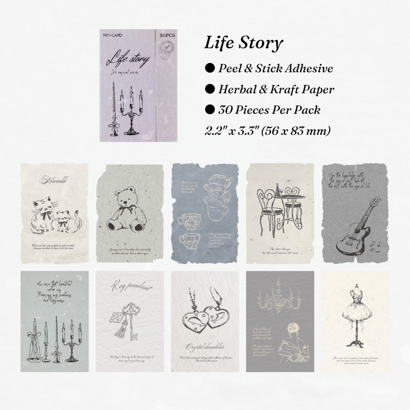 Life story textured journal cards candles teddy bear key pendant ballet dress guitar quotes