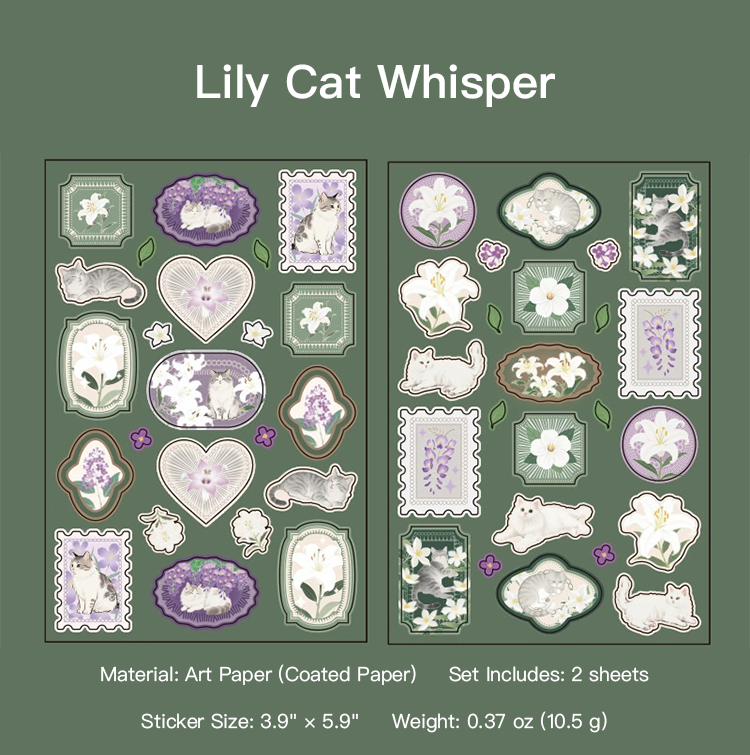 Lily Cat Whisper design - vintage floral cat sticker