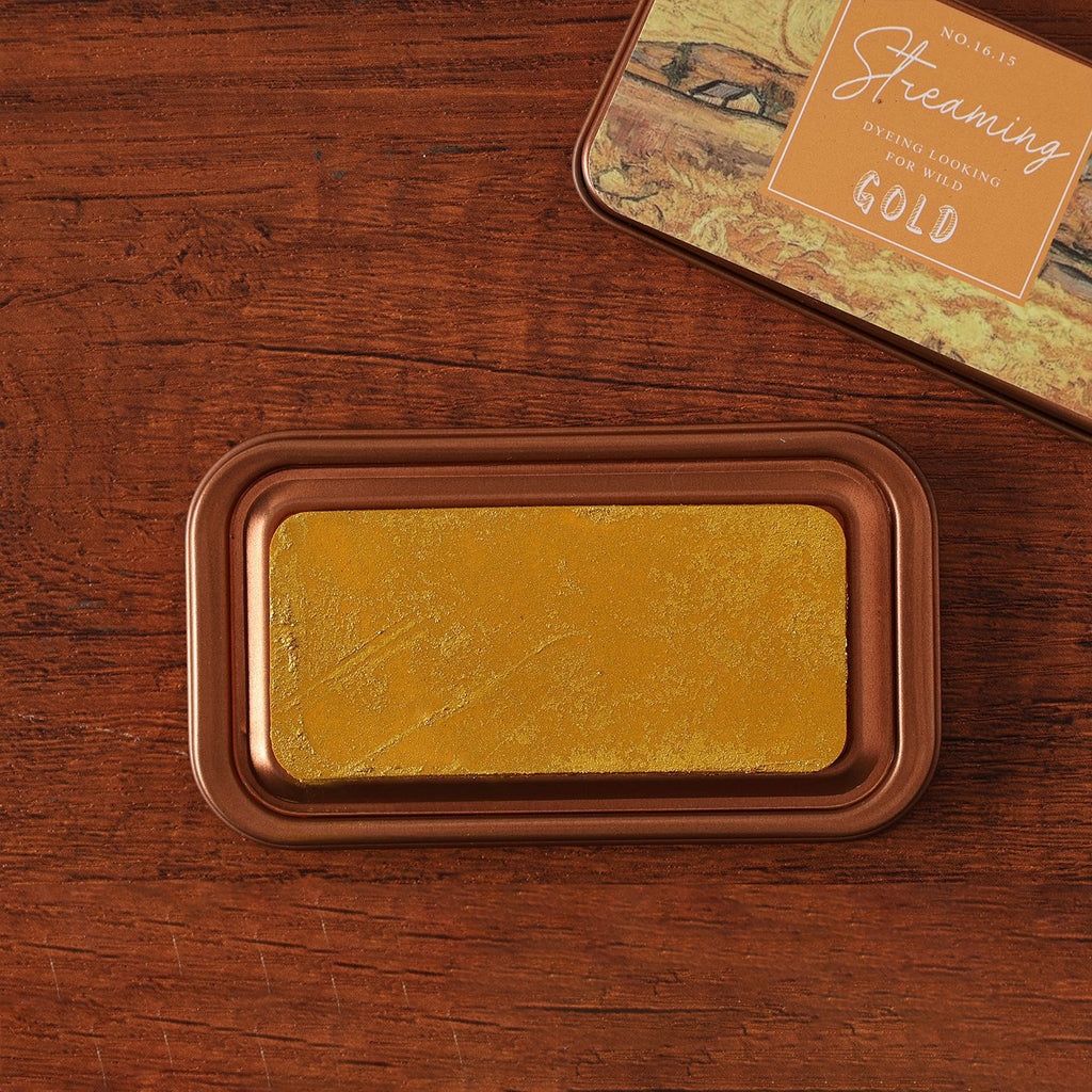 Vintage iron box ink pad in Liquid Gold with metallic powder, gold lid beside