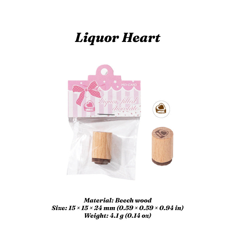 Liquor Heart stamp with beech wood handle and product packaging