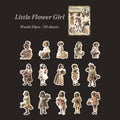 Warm-toned vintage child stickers holding flower bouquets and baskets, die-cut with white borders on dark background.