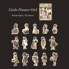 Warm-toned vintage child stickers holding flower bouquets and baskets, die-cut with white borders on dark background.