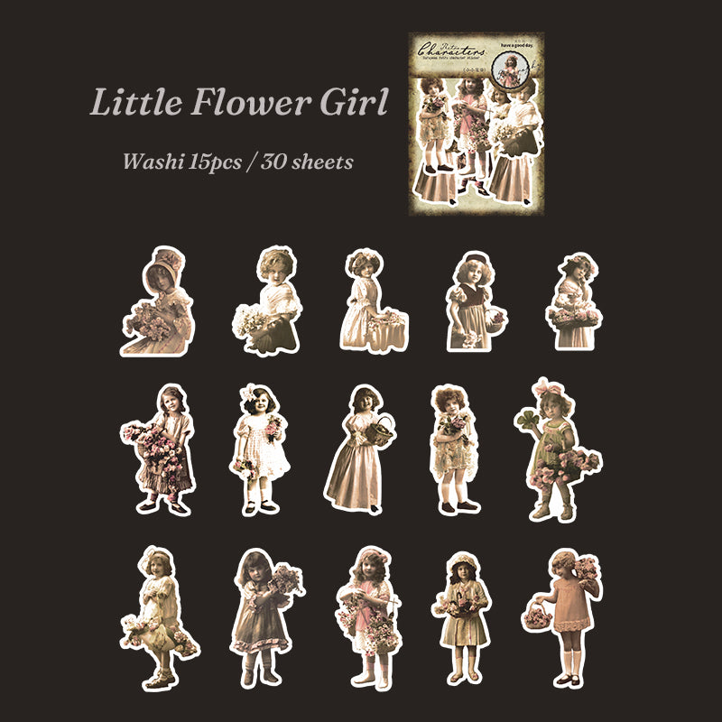Warm-toned vintage child stickers holding flower bouquets and baskets, die-cut with white borders on dark background.