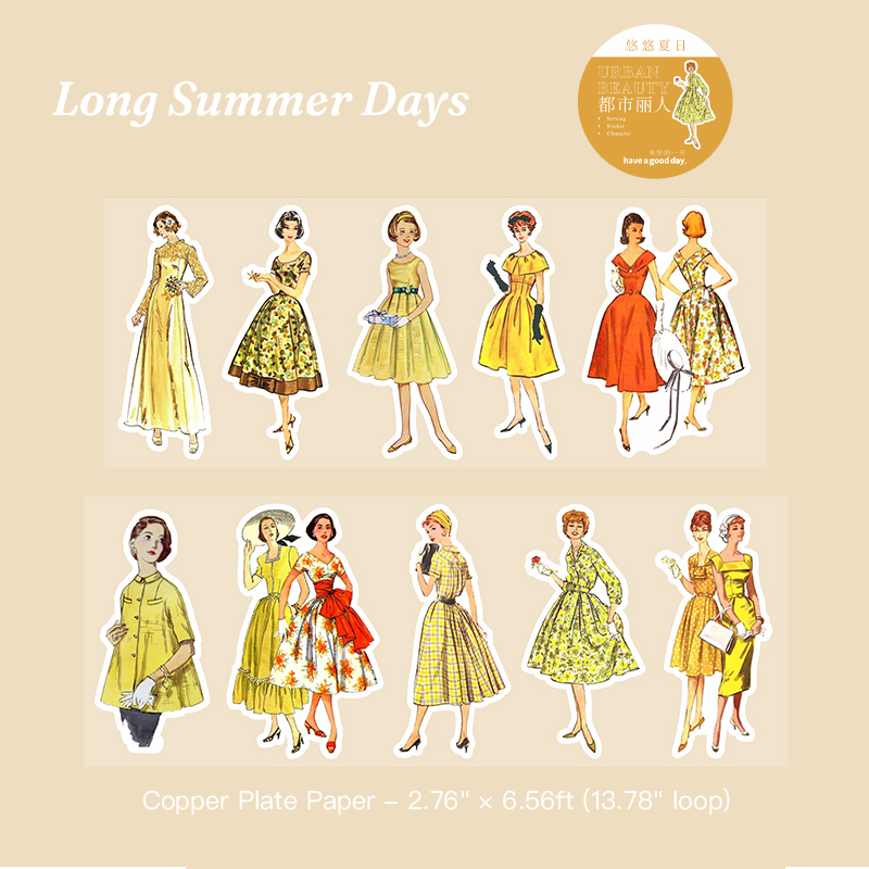 Vintage summer fashion sticker tape - long dress design for junk journal supplies