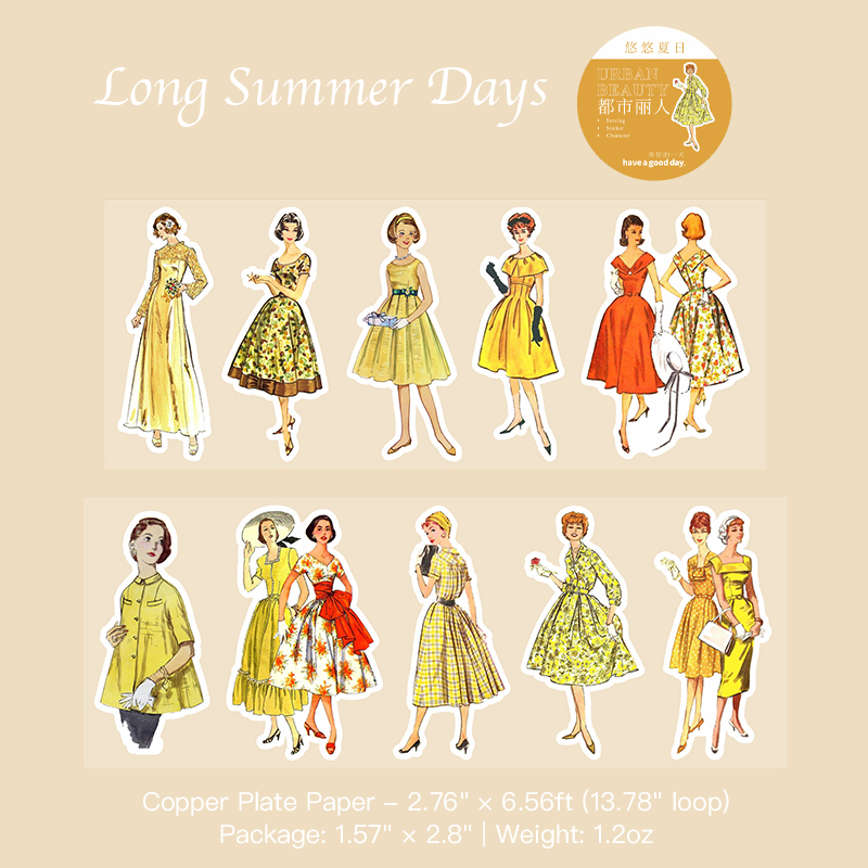 Long summer days vintage fashion girl stickers with breezy summer style for planners
