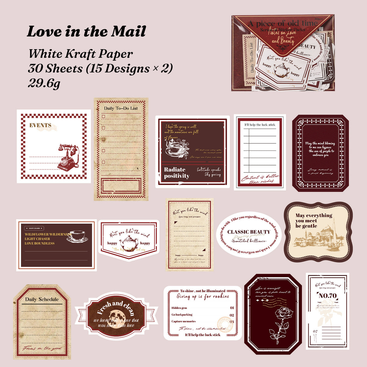 Love in the Mail sticker chart - 15 vintage correspondence designs in red and cream on white kraft paper