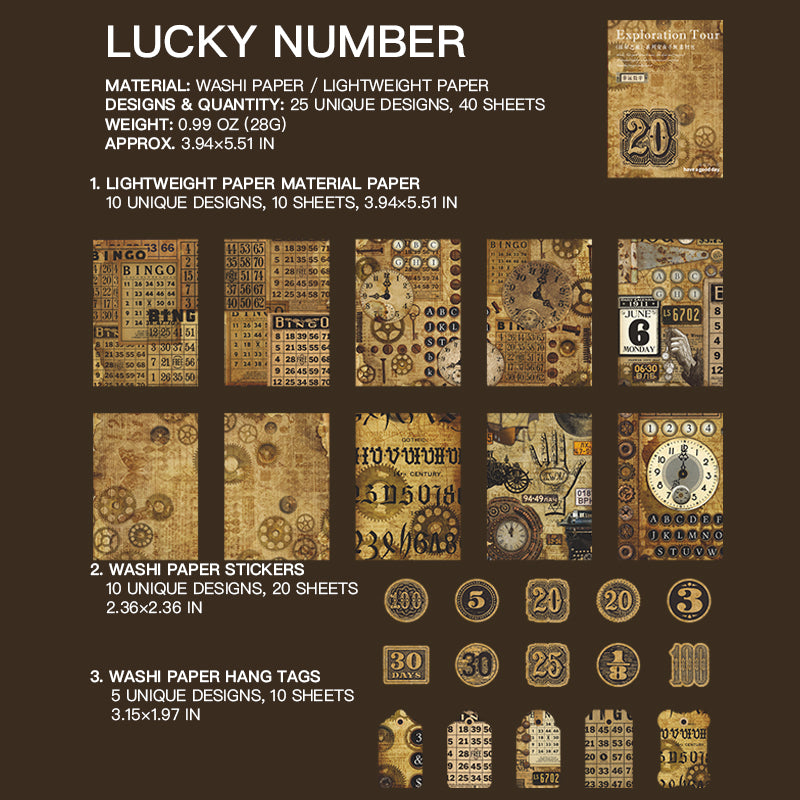 "Lucky Number vintage ephemera sticker with retro numbering and typography for planner decoration"