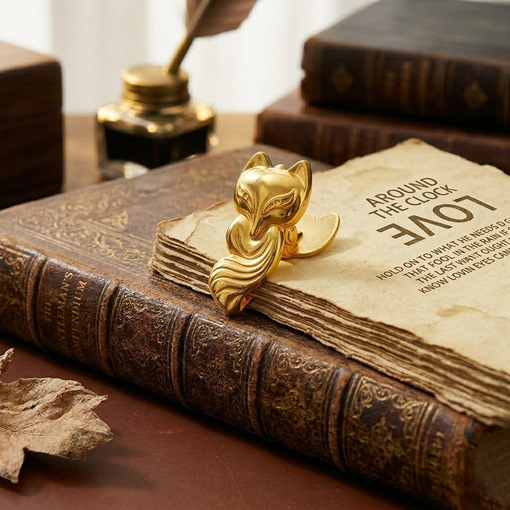 Single Luminous Gold vintage fox metal journal clip resting on an antique book next to a quill. A heavy-duty Cottagecore desk accessory for holding pages.