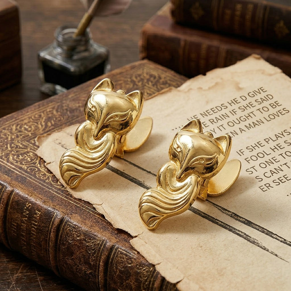 Set of 2 Luminous Gold vintage fox metal binder clips holding aged paper on a leather book. Ideal Cottagecore aesthetic supplies for junk journal spreads.
