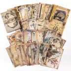 Fanned mystical paper sheets with owls, feathers, vintage lanterns, and spellbook imagery in aged parchment and moss tones.