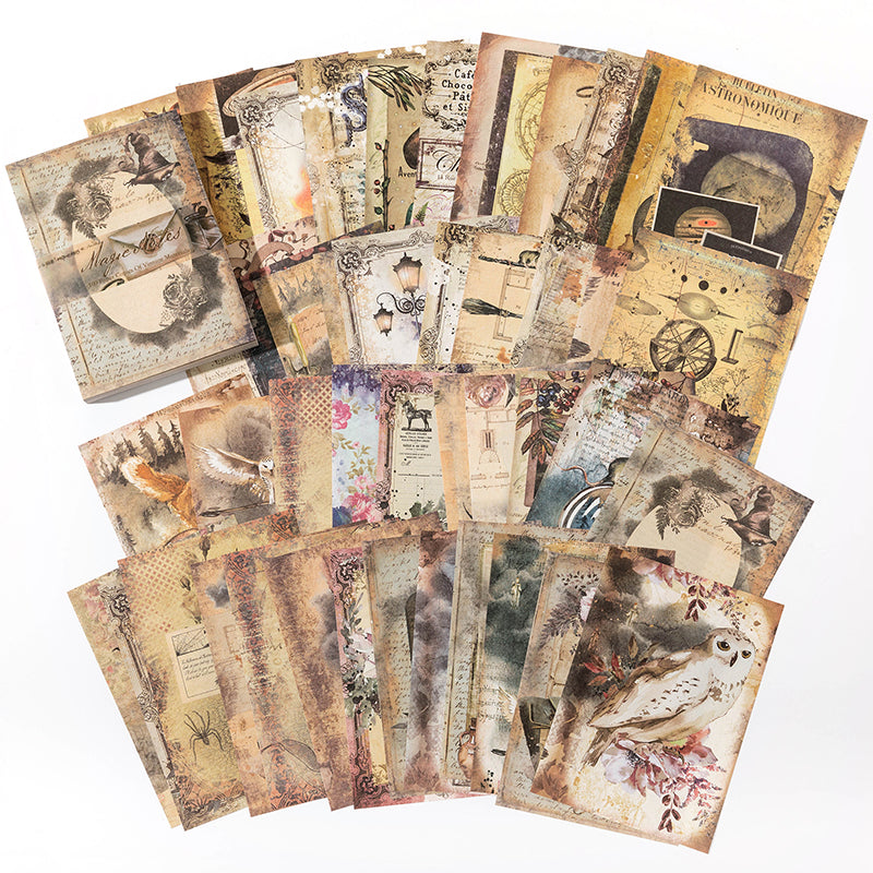 Fanned mystical paper sheets with owls, feathers, vintage lanterns, and spellbook imagery in aged parchment and moss tones.