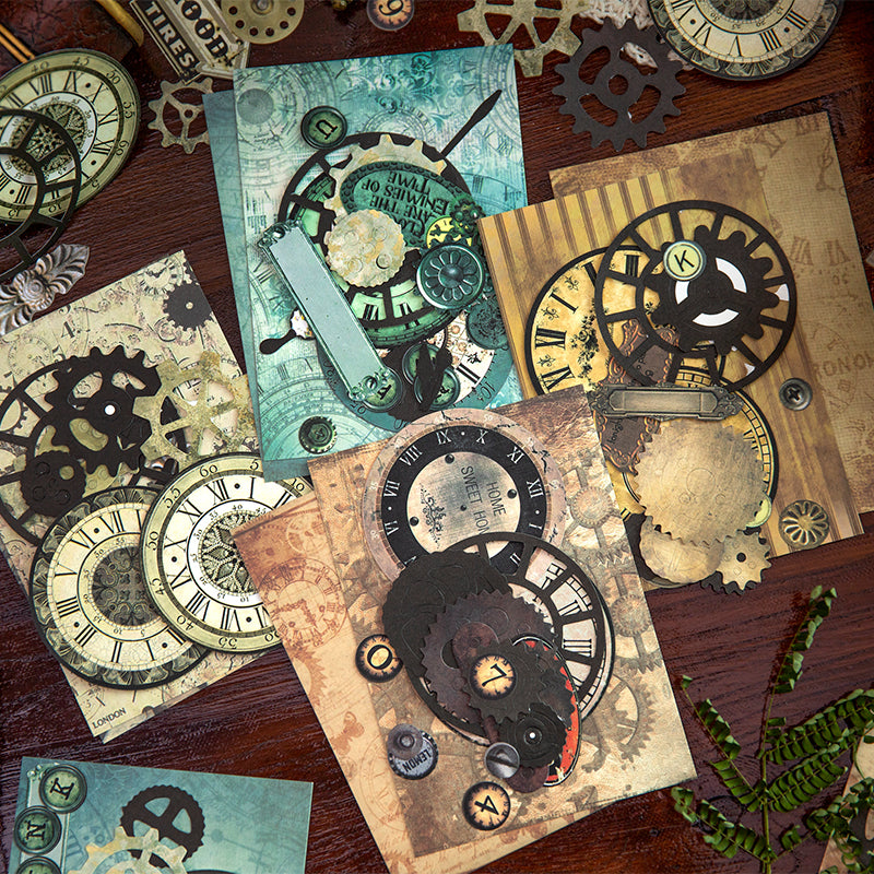 25 pack vintage Steampunk ephemera set featuring antique clocks and gears on heavyweight kraft paper
