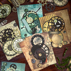 25 pack vintage Steampunk ephemera set featuring antique clocks and gears on heavyweight kraft paper