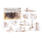 Sepia tone sketch stickers of medieval castles towers and european architecture for travel journal