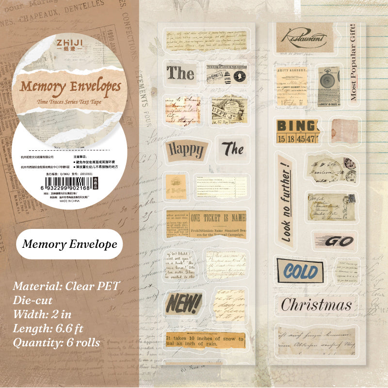 Memory Envelope PET tape with torn envelope edges vintage postcard backs handwritten letters and postage stamps on clear backing
